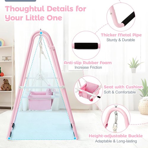 FUNLIO U-Shape Toddler Swing Set - Heavy Duty Metal Frame, Easy to Assemble, Portable & Foldable - Pink, 6-36 Months