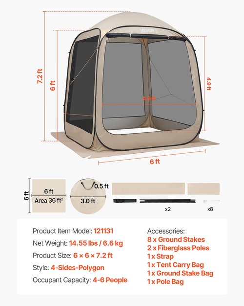 VEVOR 6 x 6 ft Pop up Screen House Tent, 4-6 Person Portable Screen Gazebo, with Carry Bag, Netting Sides & Ground Stakes, Quick Setup, Screened Canopy for Garden, Patio & Backyard, and Outdoor, Beige