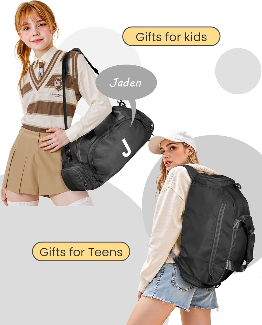 Skiennix Initial Gym Bag - Stylish Dance & Travel Duffle with Shoe Compartment | Monogrammed for Kids (Letter L)