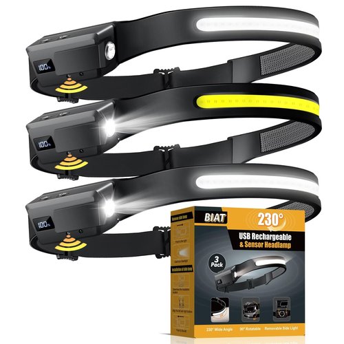 LED Headlamp Rechargeable 3PCS, 230° Wide Beam Headlight with Motion Sensor, 90° Rotation and Removable Head Lights for Forehead, 5Mode Head Lamp for Adults, Camping Essentials Gear for Hiking