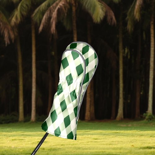 Golf Club Covers Geometric Green White Checkered Driver Headcover, Leather Golf Club Head Covers for Driver Fairway Woods Waterproof Golf Headcovers with Anti-Scratch Lining for Men Women