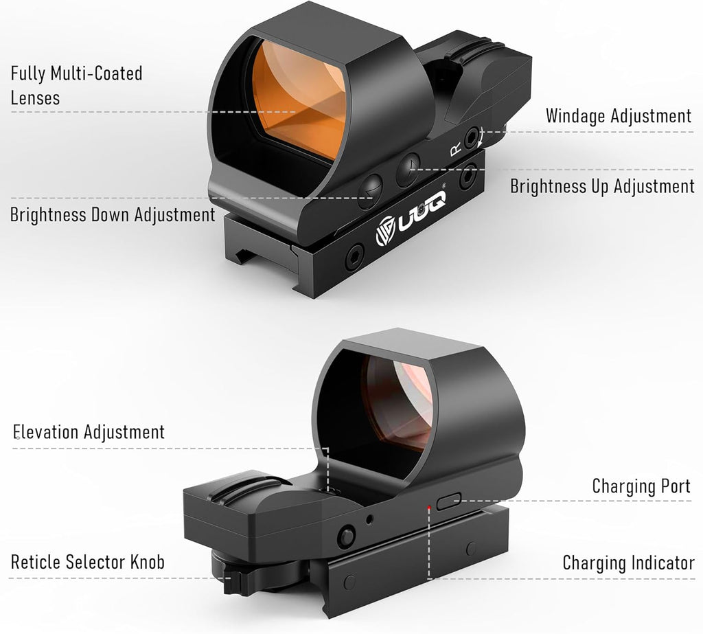 UUQ Rechargeable Reflex Sight - 1x28x40mm Red Dot Optic with Multiple Reticles | Picatinny Rail Compatible