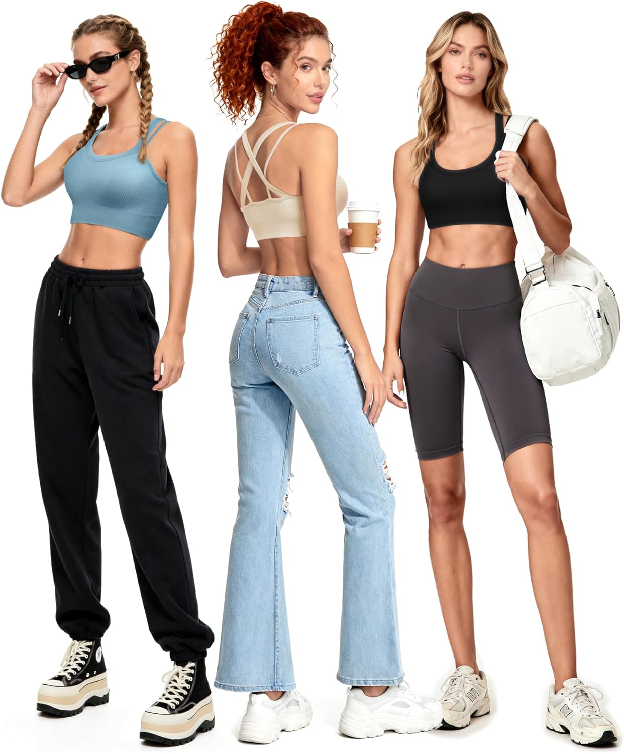 WANAYOU High Support Sports Bras for Women - Ribbed Strappy Criss Cross Back Workout Bra | Padded 3 Pack