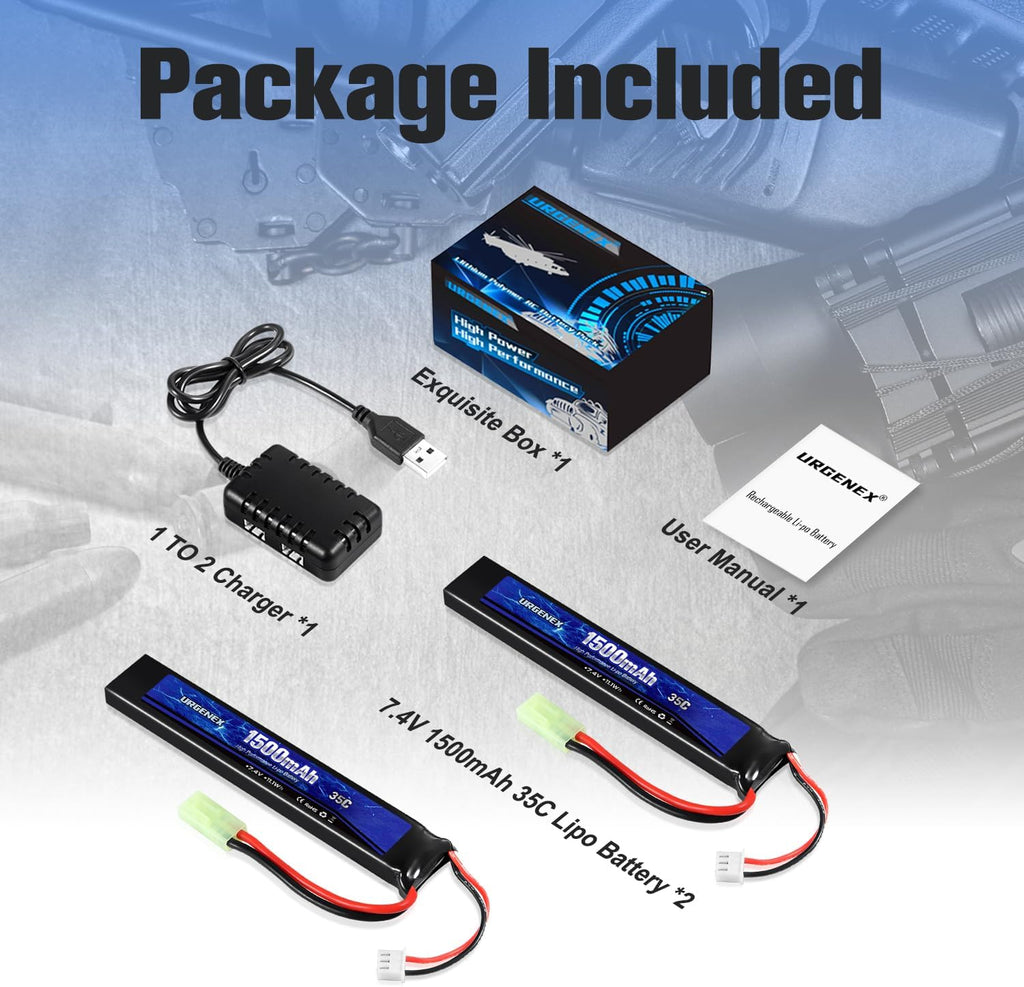 URGENEX 7.4V 1500mAh 35C Lipo Battery Pack - High Discharge Rate with Mini Tamiya Plug & USB Charger