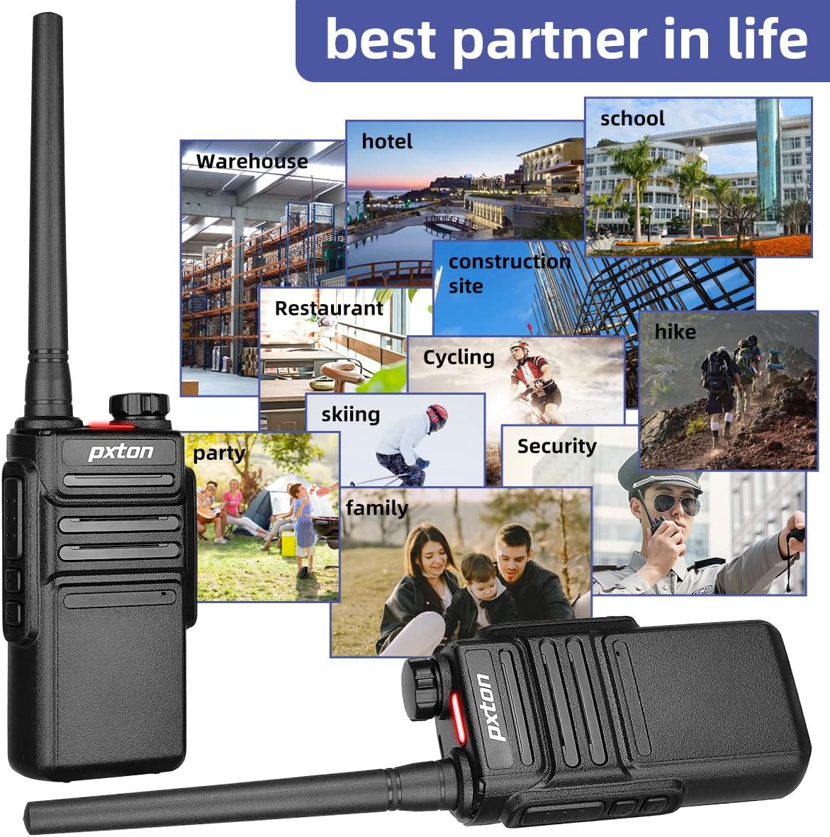 Pxton Waterproof Walkie Talkies - Long Range Two-Way Radios with Earpieces & Fast Charger Dock | 6 Pack