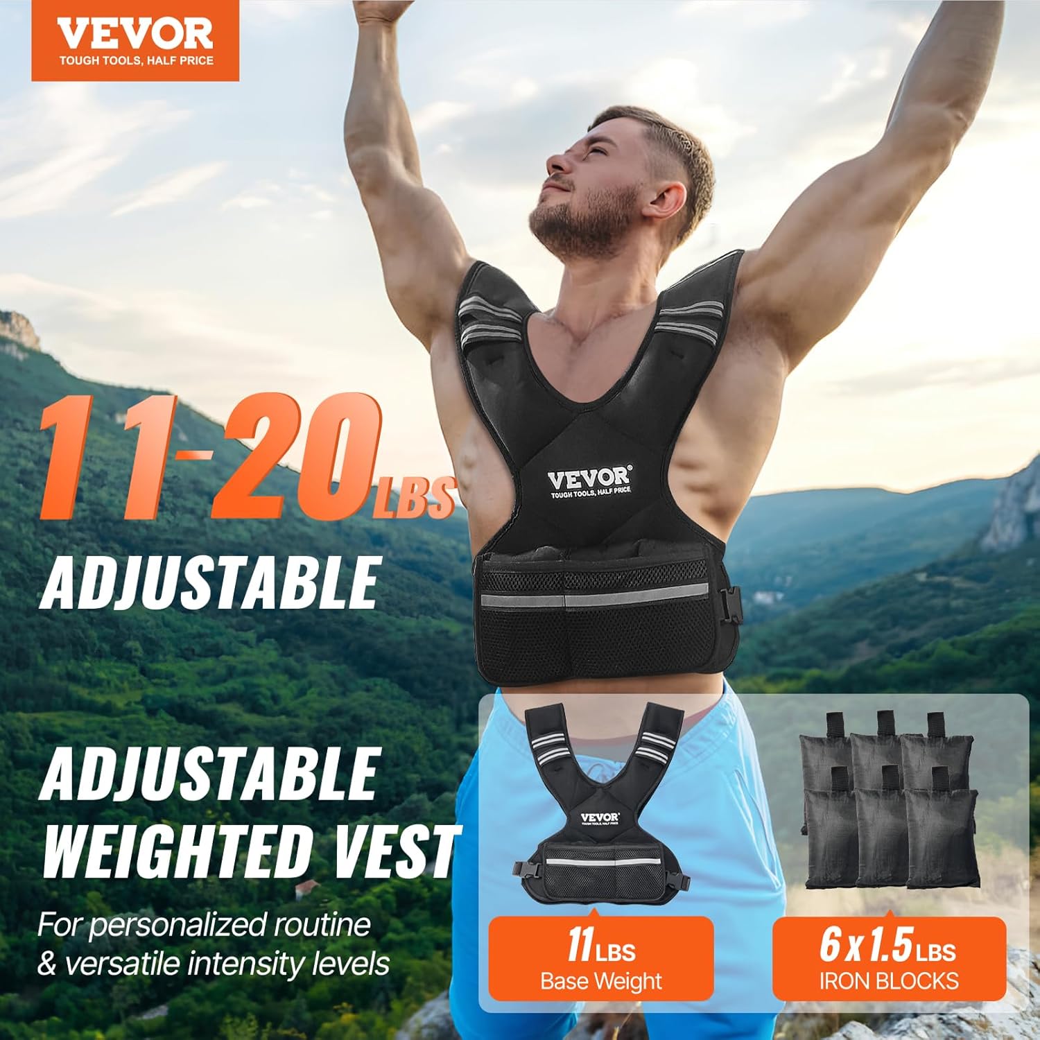 VEVOR Adjustable Weighted Vest - 11-40lbs for Strength Training | Reflective Stripe for Safety