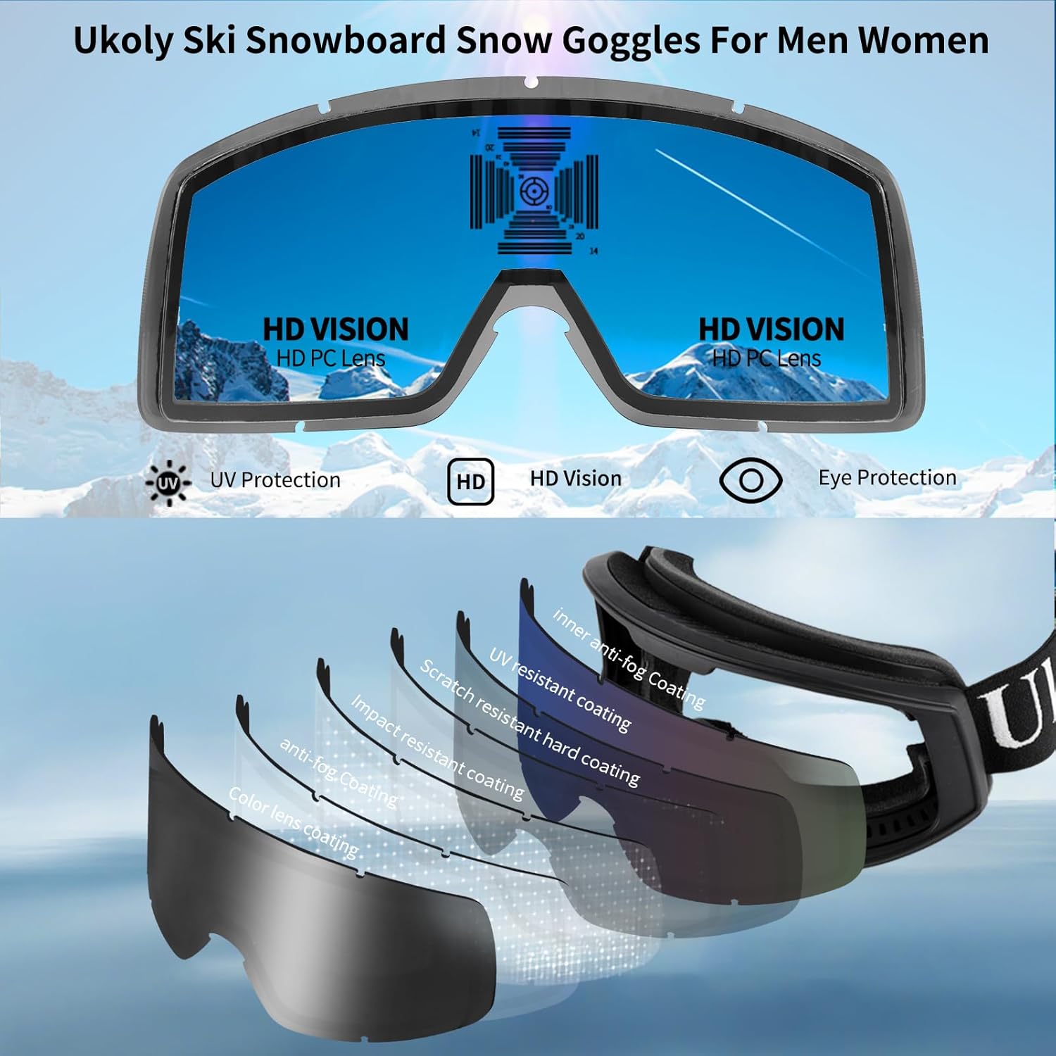 Ukoly Ski & Snowboard Goggles - HD Lens, Anti-Fog Coating, UV400 Protection | Unisex Design