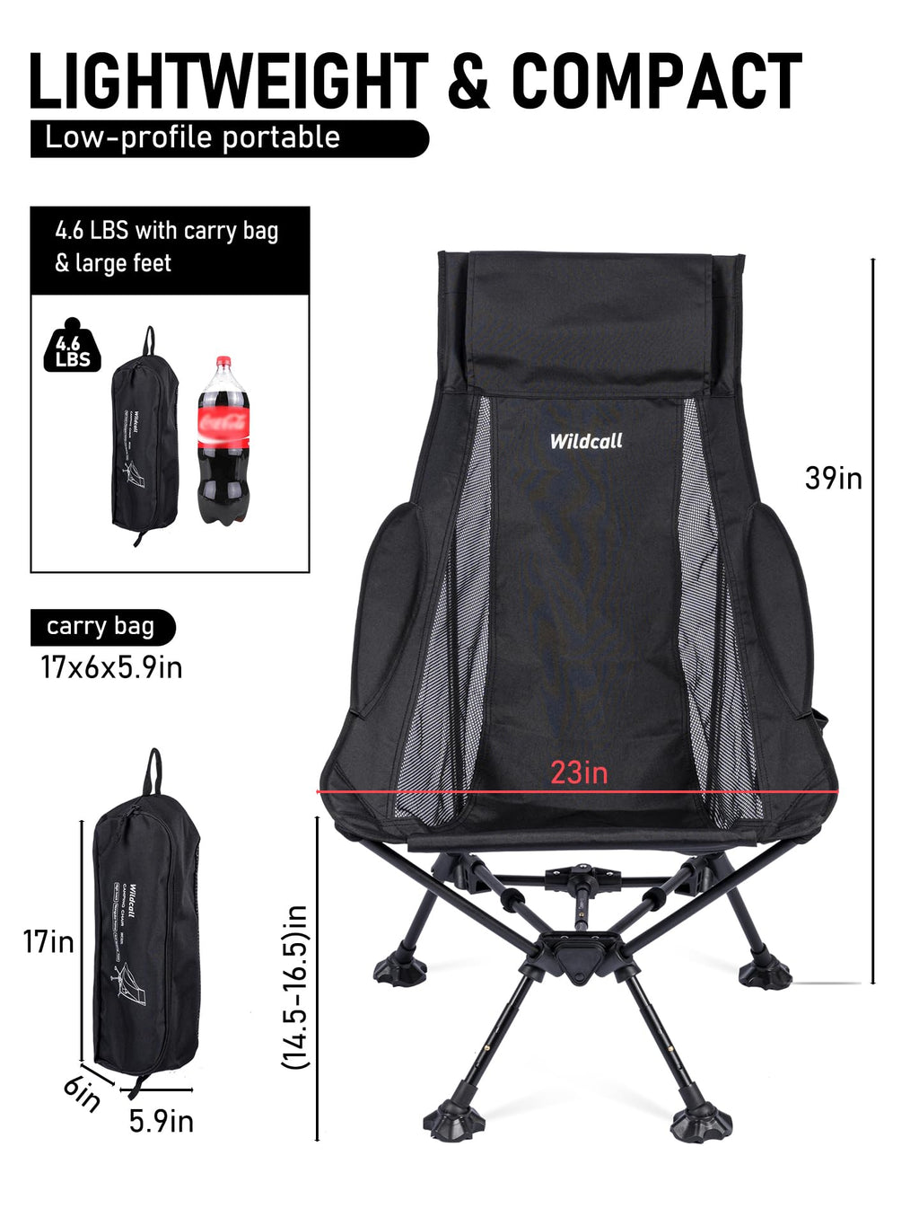WildCall Lightweight Folding High Back Camping Chair with Head Support, Compact Beach Chair with Anti-Sinking Large Feet and Three Tilt Angles Adjustment