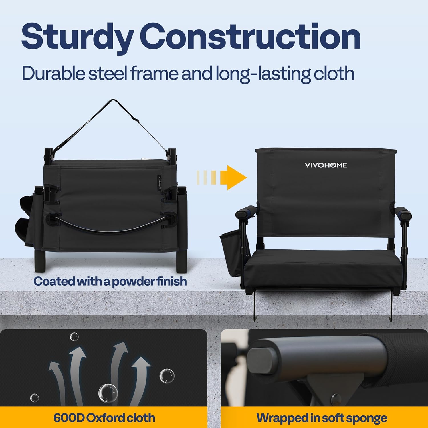 VIVOHOME Portable Stadium Seat - Comfortable Bleacher Chair with Back Support & Cup Holder | Black