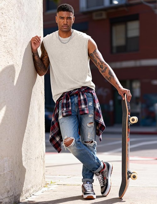 Eisctnd Men's Sleeveless Muscle Tank Tops - Cotton Acid Wash Workout Tees for Running & Beach