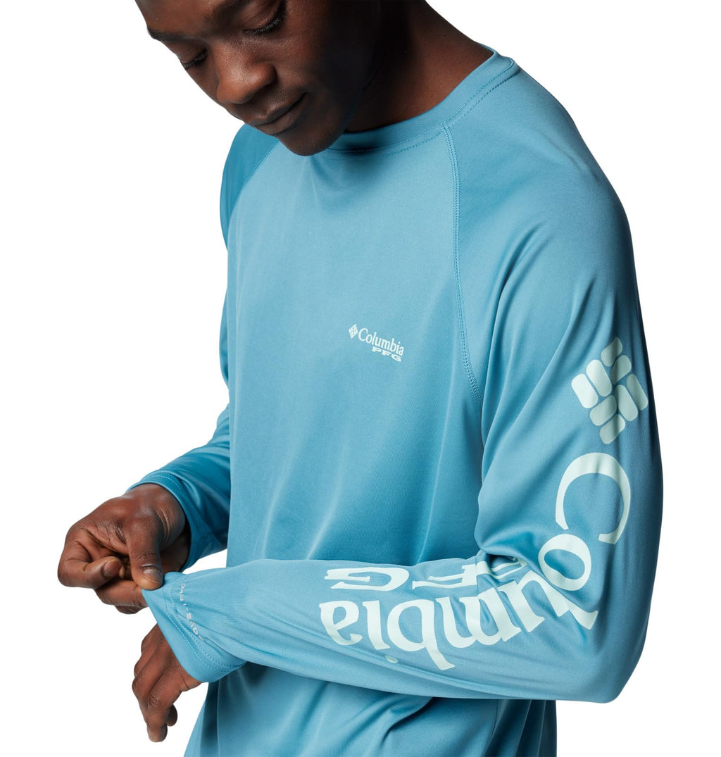 Columbia Men's Terminal Tackle Long Sleeve Fishing Shirt, Canyon Blue/ICY Morn Logo, 2X
