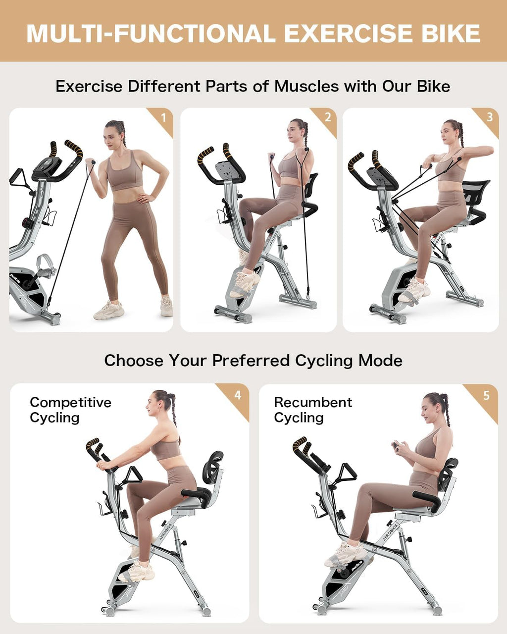 Pooboo Folding Exercise Bike - Magnetic Upright Stationary Bike with 8-Level Resistance | 300LB Capacity, Back Support Cushion