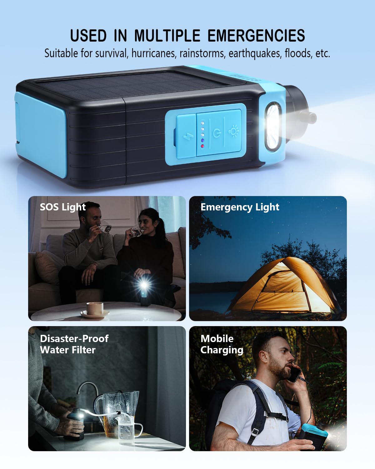 Skiennix 3-in-1 Solar Electric Water Filter - Portable Camping Water Purifier with Hand Pump & Emergency Light