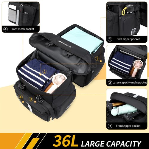 Sunpeak Bike Bag Accessories Panniers for Bicycle Rear Rack Bag 45L Waterproof Mountain Electric Bike Saddle Bag for Cycling Traveling Commuting Black