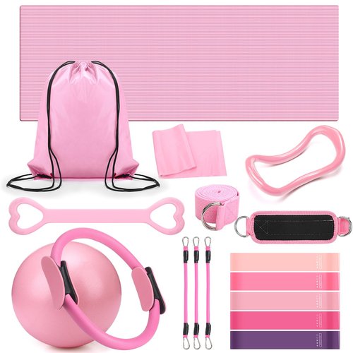 RoundFunny Set of 18 Pilates Ring Essential Kit for Women Pilates Ring and Ball Ankle Resistance Band Yoga Strap Socks Mat Arm Stretcher Latex Tube Gym Back Bag Exercise Equipment for Workout(Pink)