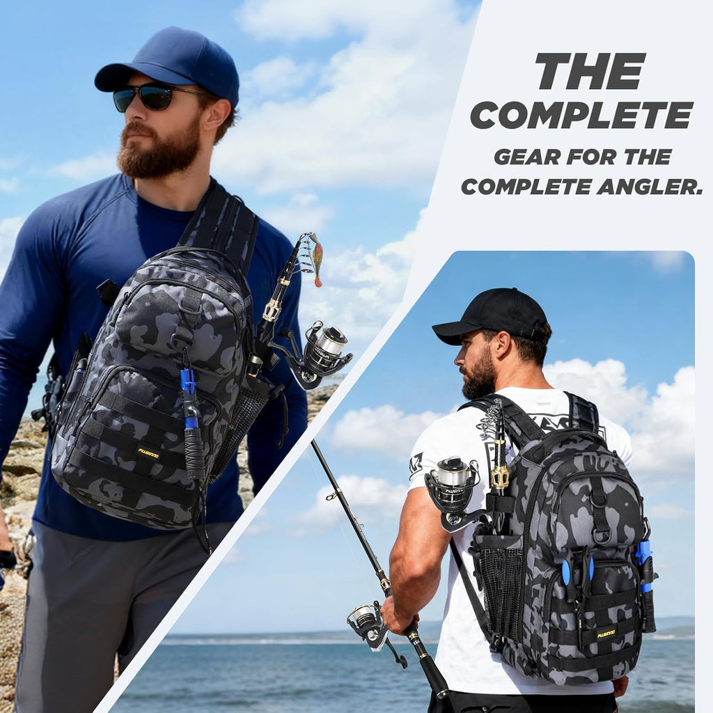 PLUSINNO Fishing Backpack - Waterproof Tackle Bag with Rod Holder & Reel Combos | Ideal Fishing Gear Gift for Men