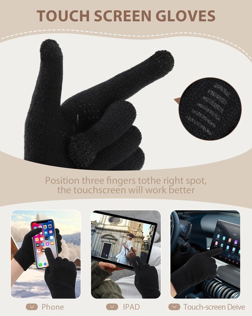 AWAYTR Women Winter Beanie Hat Scarf Gloves Set, 3Pcs Warm Knitted Hat Touchscreen Gloves Long Scarf for Cold Weather (Black)