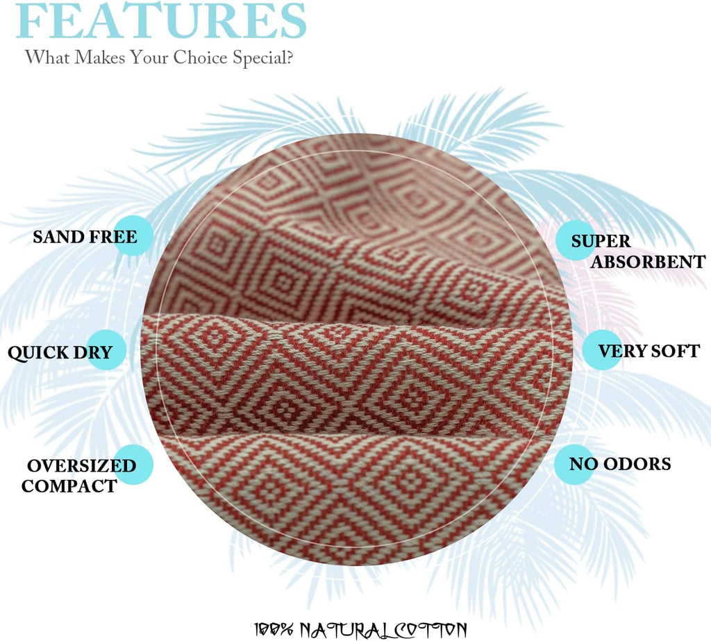 Your Choice Turkish Beach Towel - 100% Cotton, Sand-Free, Quick-Dry, Oversized 71x41 in Red