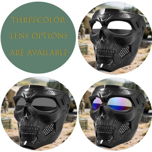 2PCS Airsoft Mask Paintball Mask Full Face Tactical Mask Suitable for CS Survival Games Shooting Cosplay Movie Halloween Skull Mask (Clear Lens)