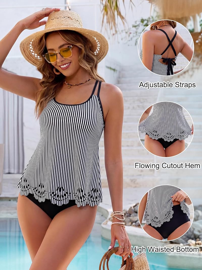 Striped X-Large Blooming Jelly Tummy Control Tankini 2-Piece Swimsuit