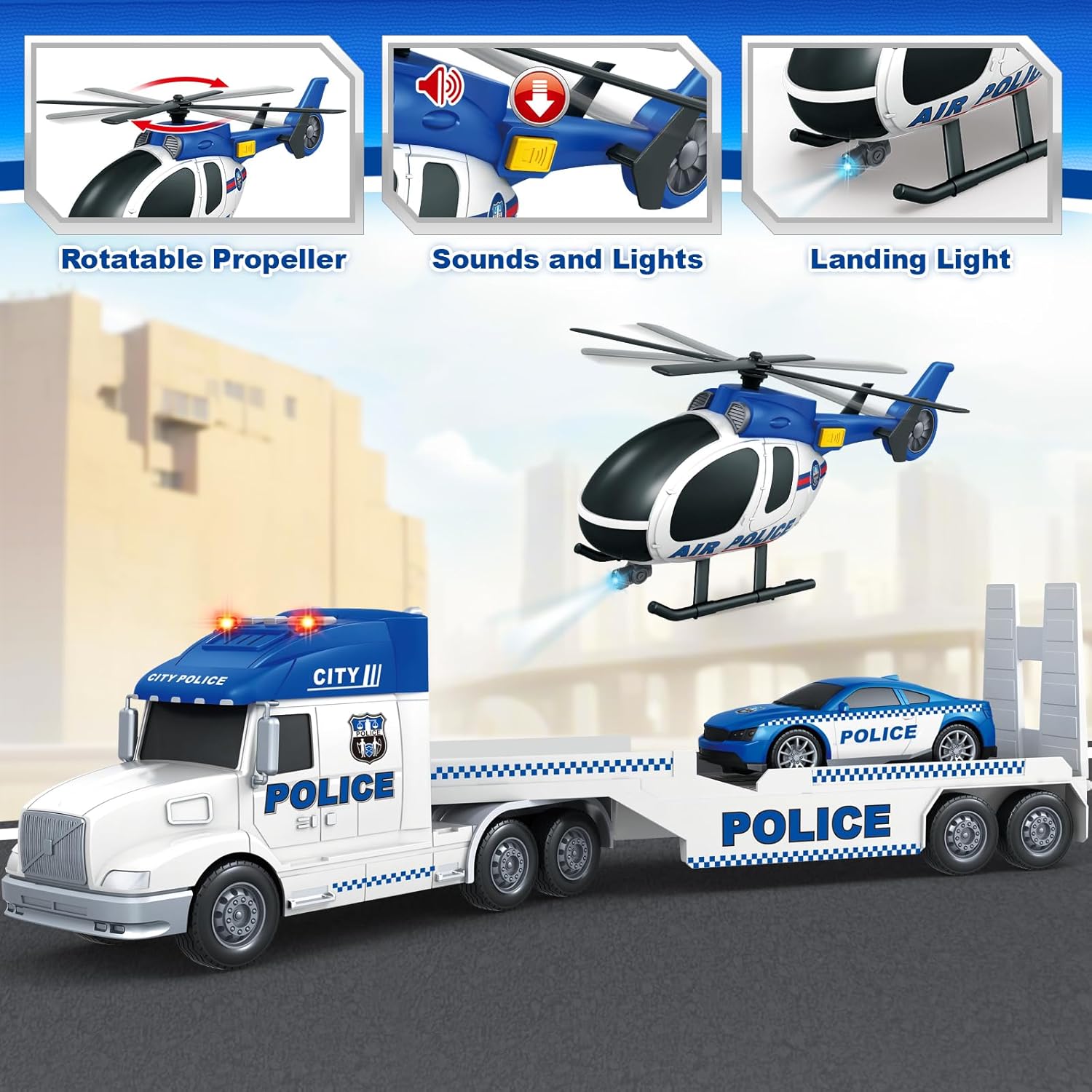 SpringFlower Police Truck Toy - Extra Large 3-in-1 Set with Racing Car & Helicopter | Perfect Birthday Gift for Toddlers Ages 3-6