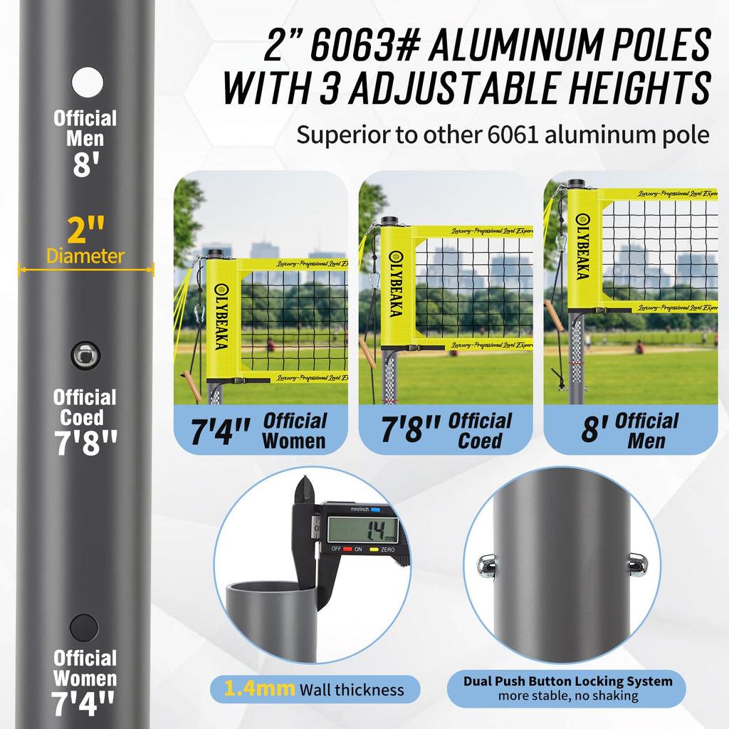 Outdoor Professional Volleyball Net Set with Heavy Duty 2" Adjustable Aluminum Poles, Tetoron Net, Portable 1800D Carry Bag - Super Stable & Anti-Sag with 2 Tension Adjusters for Backyard Beach Grass