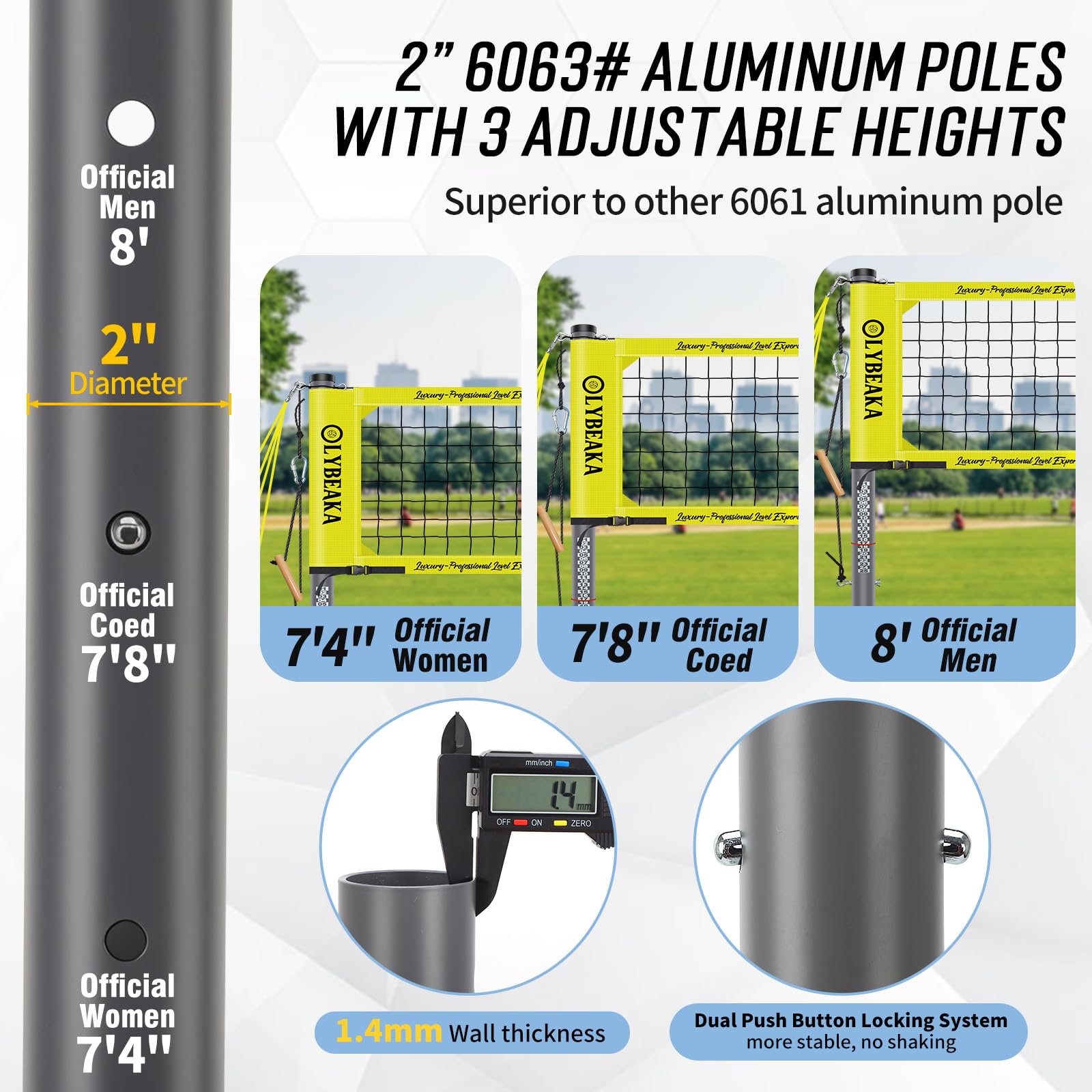 Outdoor Professional Volleyball Net Set with Heavy Duty 2" Adjustable Aluminum Poles, Tetoron Net, Portable 1800D Carry Bag - Super Stable & Anti-Sag with 2 Tension Adjusters for Backyard Beach Grass