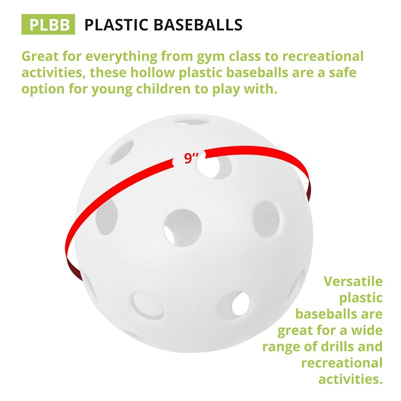 9 Inch Hollow Plastic Baseballs - Lightweight Practice Balls, Pack of 12 (White)