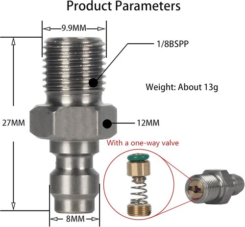 8mm Quick-Disconnect Plug Adapter - Stainless Steel 1/8" BSPP Male Thread for PCP Paintball Charging