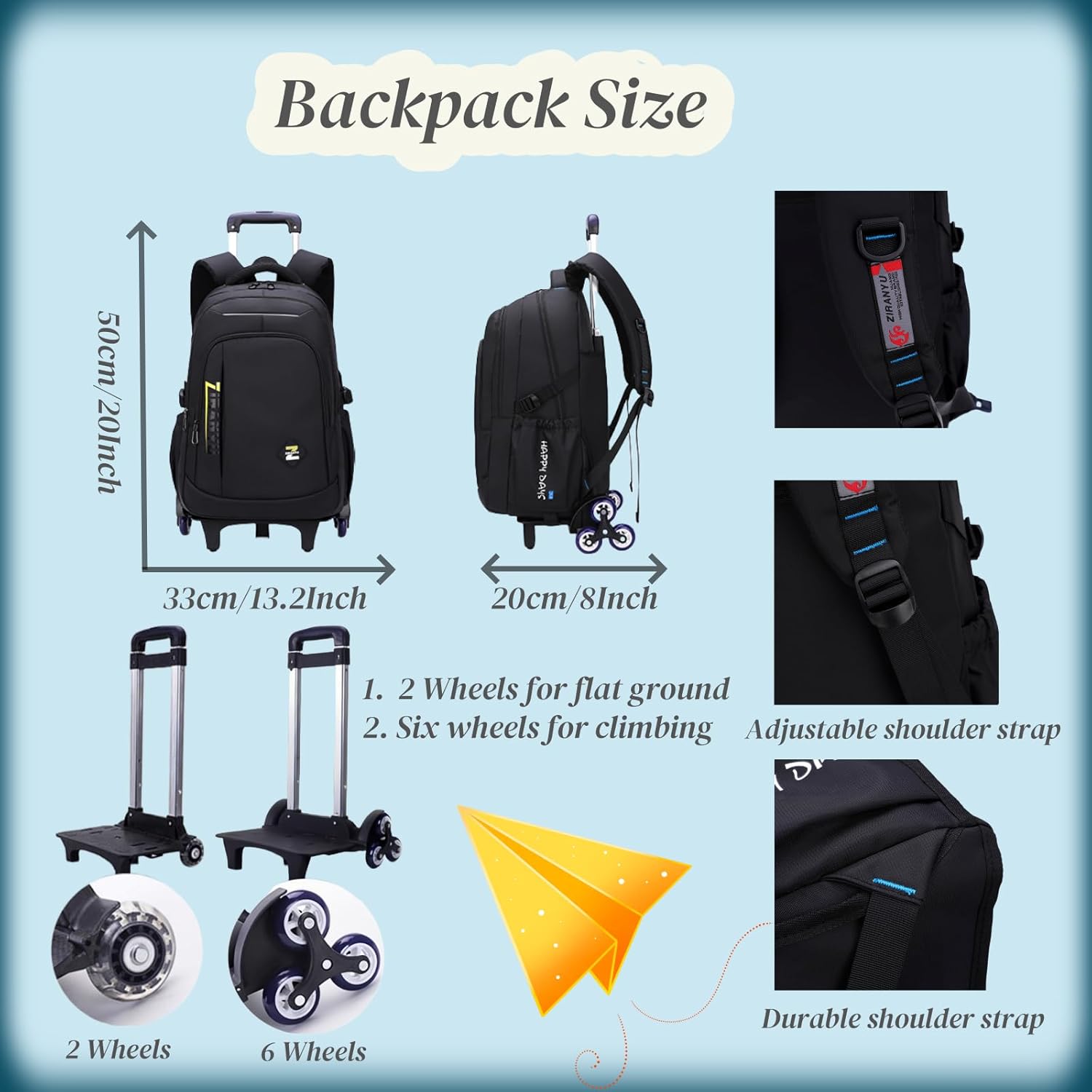 VIDOSCLA Rolling Backpack for Kids - Black Trolley Luggage with 6 Wheels for School & Travel