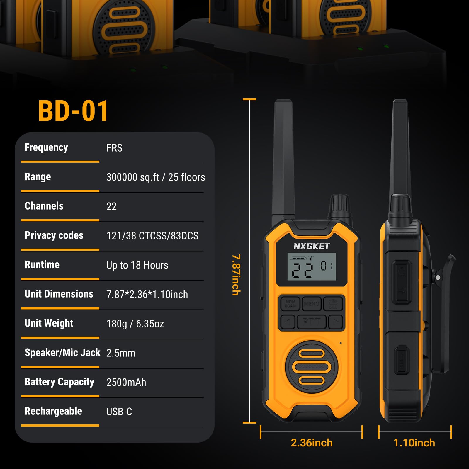 NXGKET Heavy Duty Walkie Talkies Adults, Long Range Two Way Radios, IP67 Waterproof, 2M Drop Proof, NOAA, Rechargeable, Dual PTT, Type C &Dock Charging, Emergency Radio 4 Pack, FCC Certified