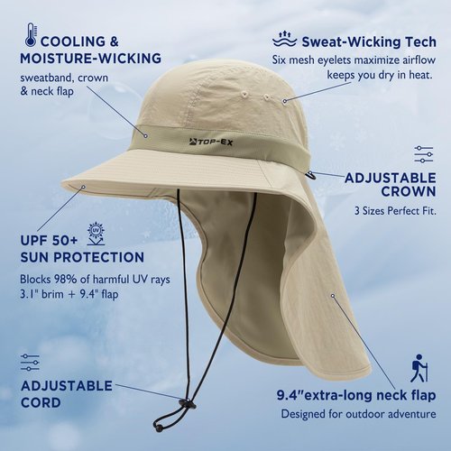 TOP-EX Cooling Sun Hat with Neck Flap Wide Brim UV Protection Hat for Men and Women Outdoor Hiking Fishing Gardening Camping Cap Breathable Summer Khaki M/L