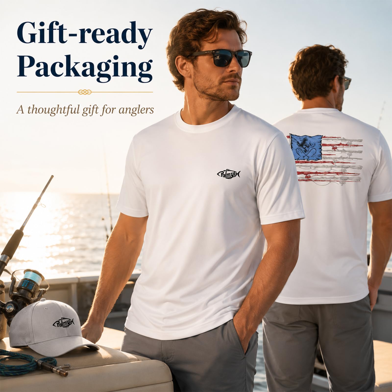 Palmyth Fishing Shirts for Men Sun Protection Shirts Short Sleeve UPF 50+ T-Shirt Tee Quick Dry White Bone Flag X-Large