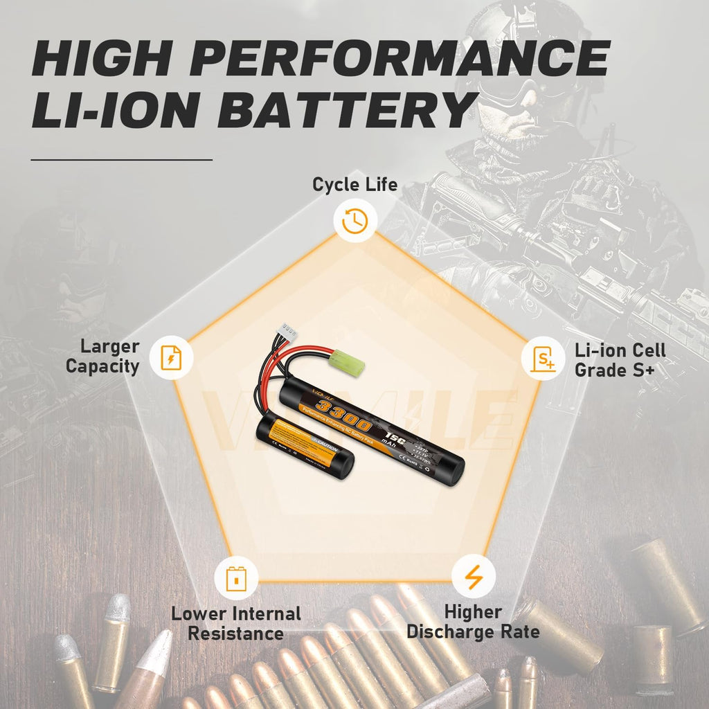 Skiennix 3300mAh Airsoft Battery - 11.1V Nunchuck Rechargeable Battery for AEG AK47 M4 MP5
