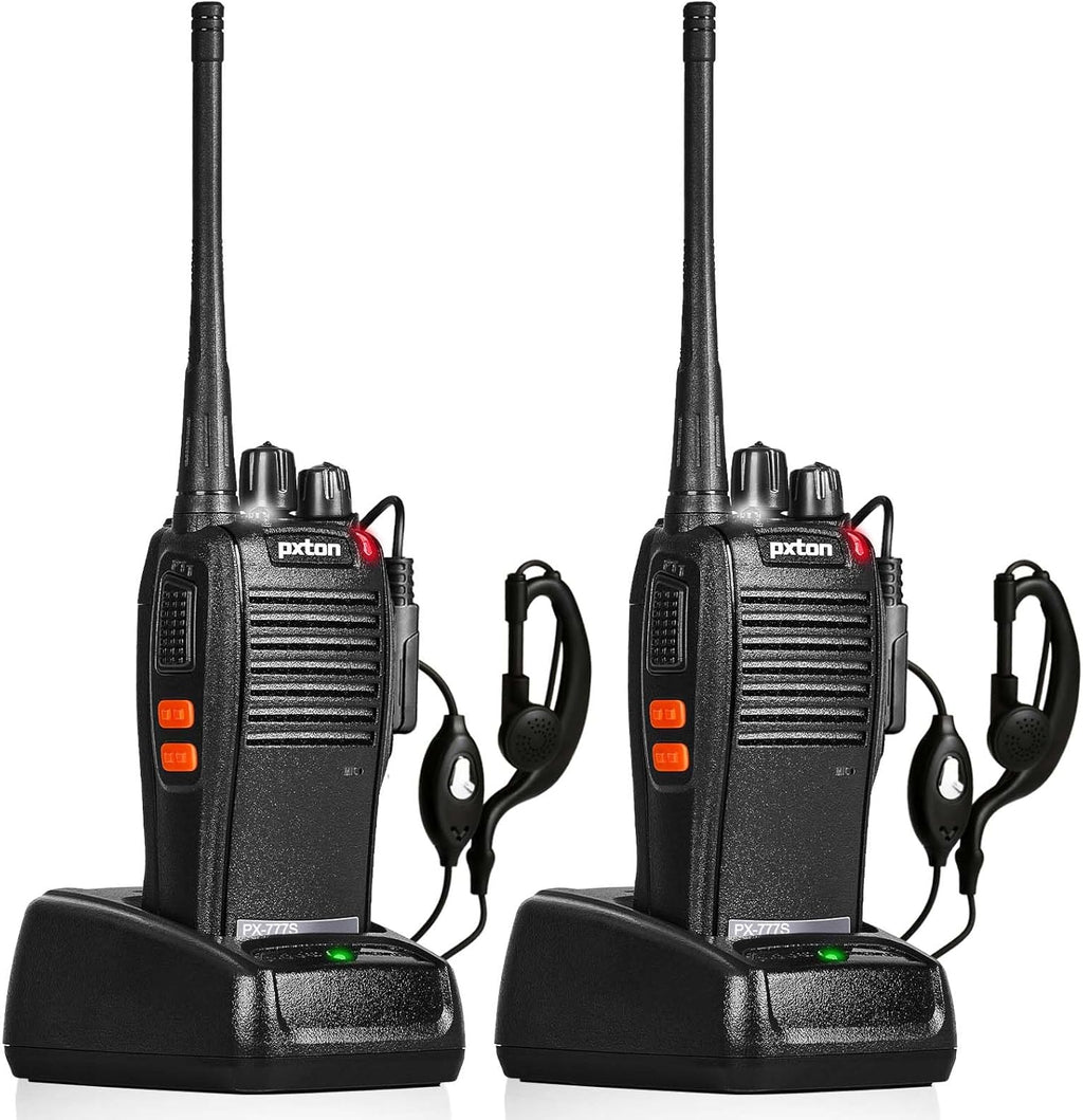 Pxton 777S Rechargeable Walkie Talkies - Long Range Two-Way Radios with Earpieces & Li-ion Battery (2 Pack)