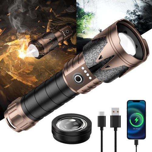 SKYFIRE Rechargeable Flashlight with Ignition Lens,5000 Super Bright Tactical Flashlights High Lumens Zoomable,6Modes,Waterproof LED Flash Light for Camping Essentials Outdoor&Home Emergency-Upgraded