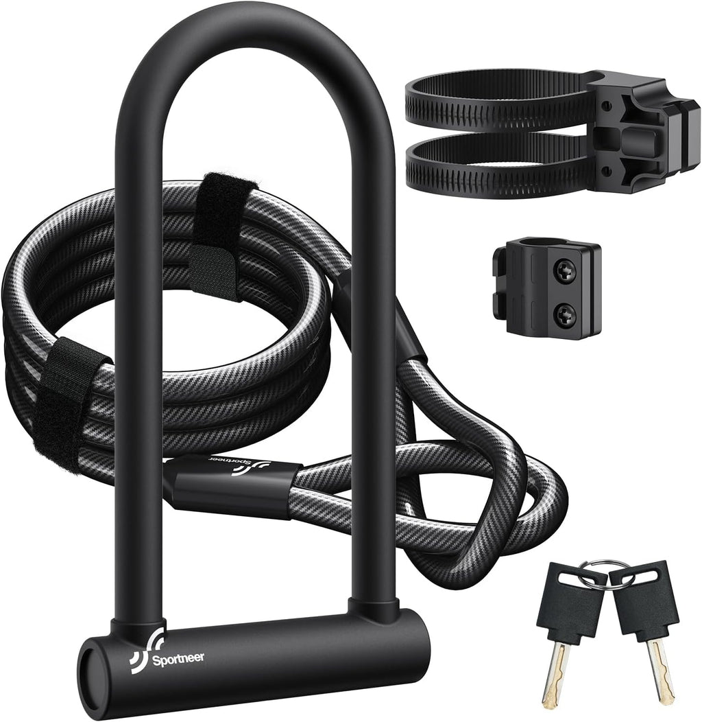 Sportneer Heavy Duty Bike U Lock - 18mm Shackle with 6ft Security Cable & Mounting Bracket | 11.5''x6.25''