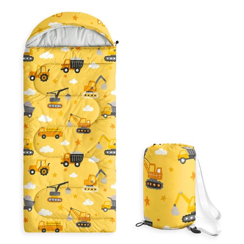 Wake In Cloud - Construction Car Kids Sleeping Bag for Boys Toddlers, Camping in Warm Cold Weather, Backpacking Lightweight Compact Outdoor Liner for 3 Seasons Summer Spring Fall, Yellow