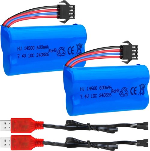 Crazepony 7.4V Li-Ion 600mAh Rechargeable Battery - SM-4P Plug & Charger Cable for RC Vehicles | 2 Pack