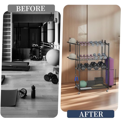 3-Tier Rolling Dumbbell Rack with Yoga Mat Basket & Hooks – Heavy Duty Steel Home Gym Storage Cart for Weights, Kettlebells, and Foam Rollers – 350Lbs Capacity Mobile Organizer with Lockable Wheels (Black)
