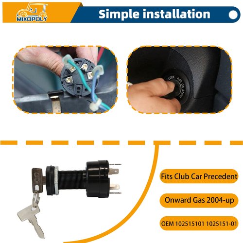 Mixopoly Ignition Key Switch for Club Car Precedent and Onward Gas Golf Cart 2004-Up, 4-Terminal, On/Off Style, Black, Rotary, Manual Operation