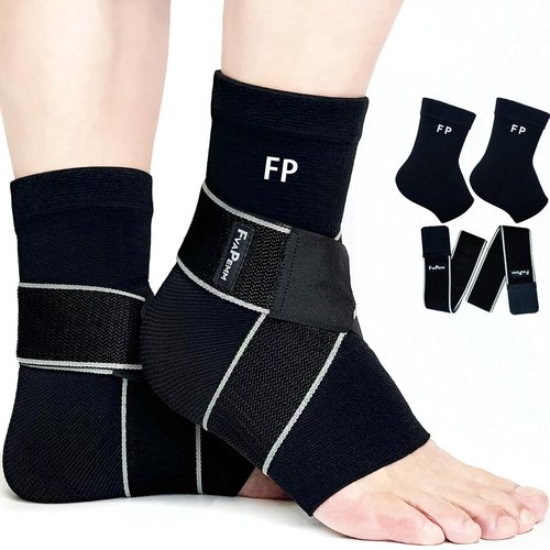 Ankle Brace by Copper Fit | 2-Pack Compression Sleeves for Sprains & Plantar Fasciitis Relief - Black, Large