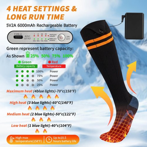 Qsocksy Electric Heated Socks for Men & Women - 6000mAh Rechargeable, Up to70 °C Large Heating Area, 8H Heat, Washable for Skiing, Hunting, Camping