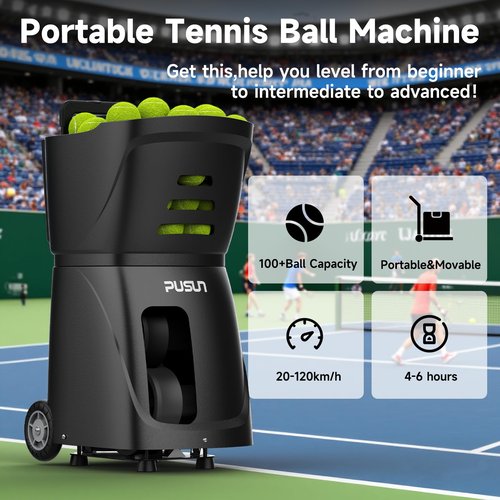 PUSUN Tennis Ball Machine, Tennis Ball Launcher with App/Remote/iWatch Control, Max Speed of 75Mph, 1.8-8s/Ball, Multiple Training Modes(AI Drill/Programming/Random/Vary Speed) 4-6Hrs Battery Life