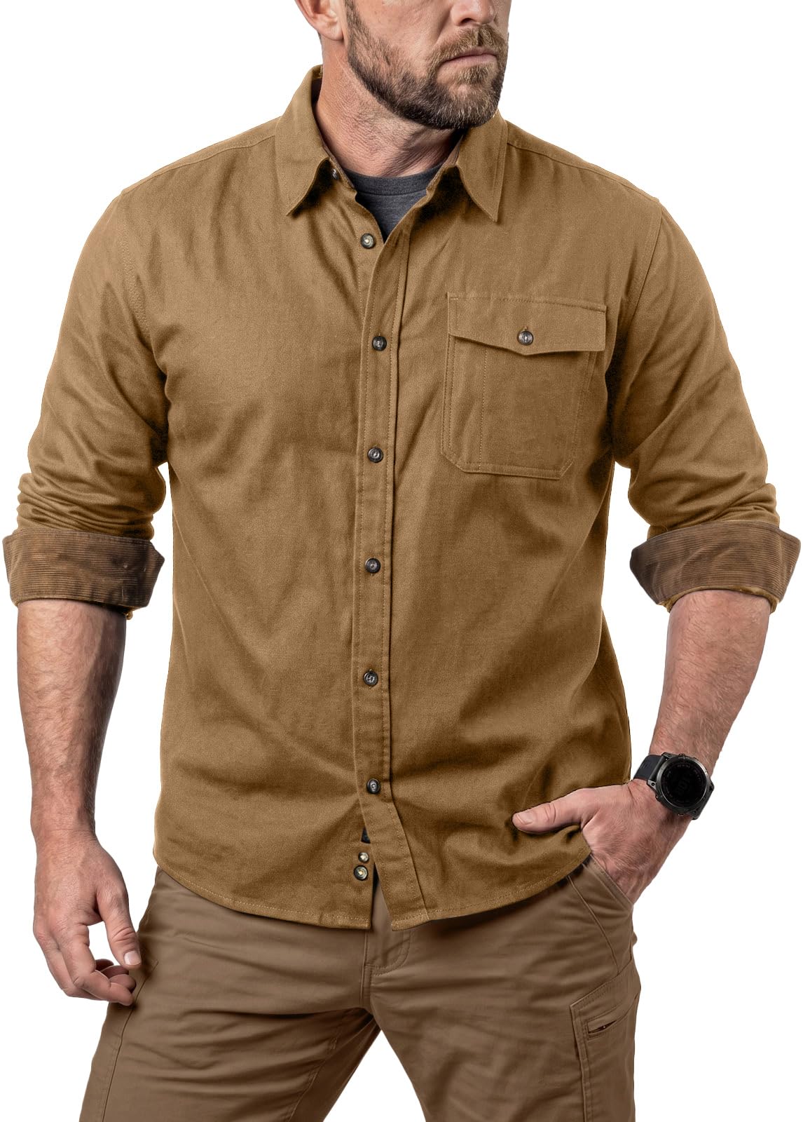 CQR Men's 100% All Cotton Button Down Flannel Shirts, Long Sleeve Brushed Warm Soft Casual Outdoor Plaid Shirt, Corduroy Wheat Brown, X-Small