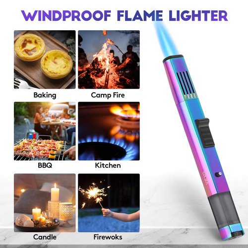 VEXO Torch Lighter Jet Flame Refillable Butane Lighter with Safety Lock, Visible Gas Window, Torch Refill Adapter for Grill BBQ Candle Camping (Butane NOT Included) (Rainbow)