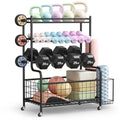 LERUJIFL Dumbbell Rack, Weight Rack for Home Gym, Weight Stand for Dumbbells Kettlebells Yoga Mat and Balls, All in One Home Gym Storage with Universal Wheels and Hooks, Workout Storage for Yoga(Metal)