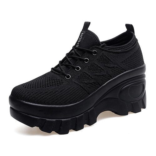 Women's Chunky Platform Comfort Orthopedic Wedge Walking Shoes Fashion Knitted Breathable Lace Up Lug Sole Casual Non-Slip Running Shoes With Arch Support (black, Adult, Women, 10, Numeric, US Footwear Size System, Medium)