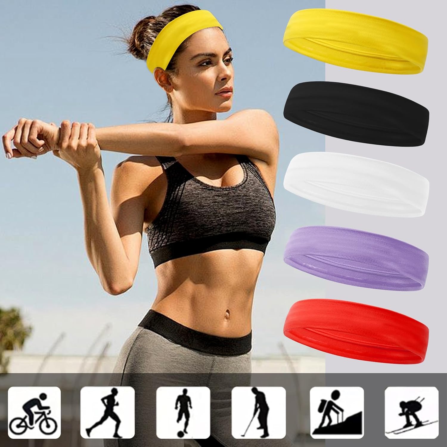 Skiennix Sport Headbands - 5PCS Non-Slip Silicone Fitness Hairbands for Yoga & Running | Yellow