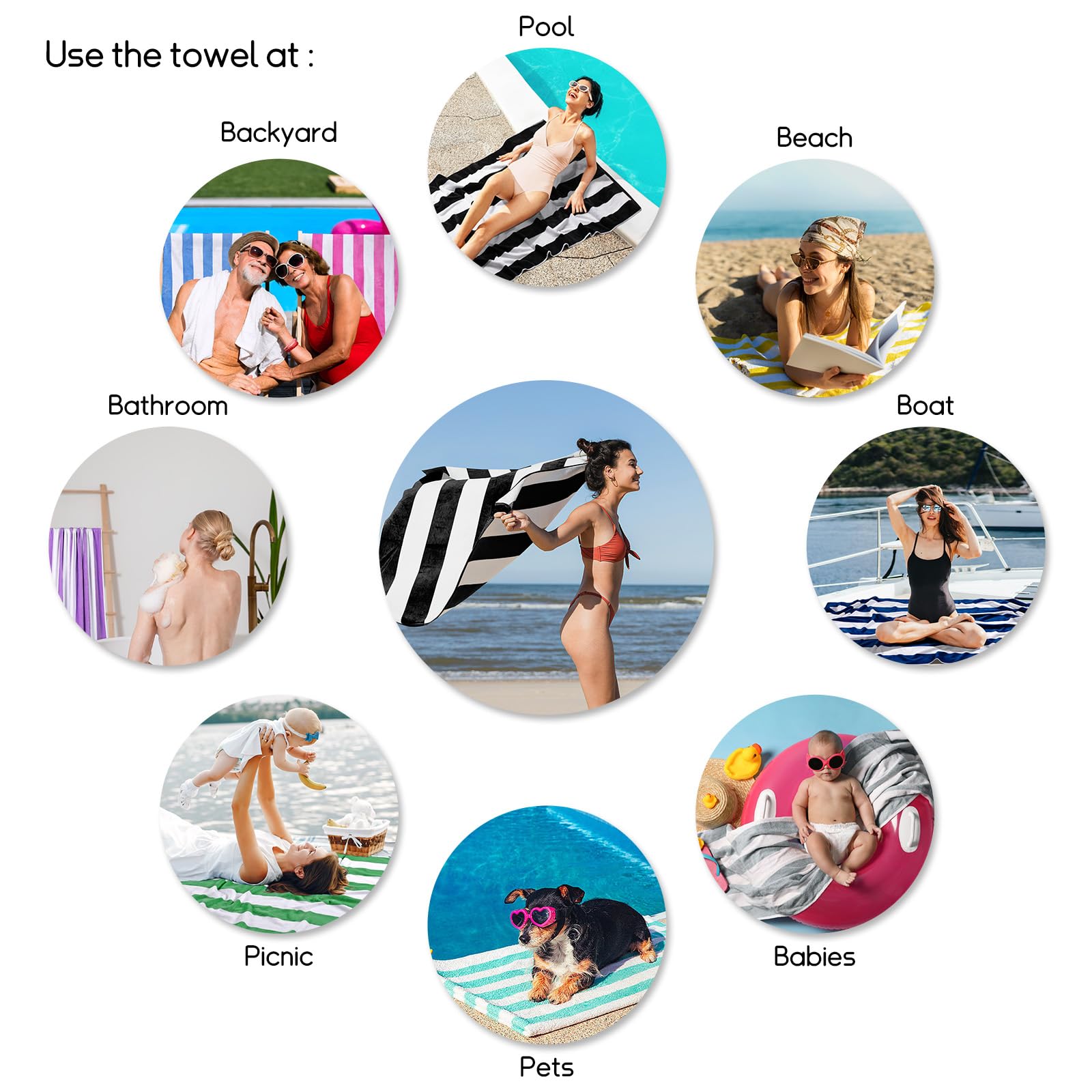 cabanana Large Oversized Beach Towel - 35 x 70 Inch Cotton Pool Towel, Black Striped Soft Cabana Swim Towel